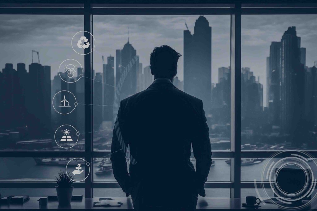 Man looking out office window