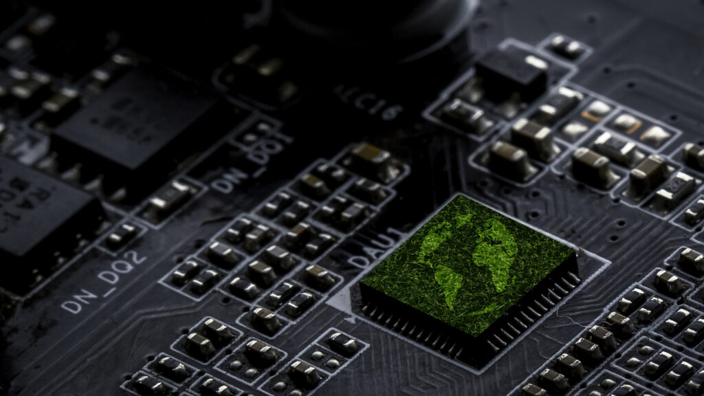 Circuit board technology concepts and IT ethics. Earth's green nature or new system technology