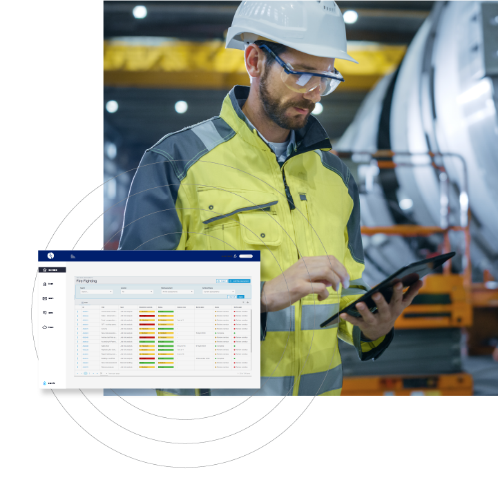 Illustration of a worker holding an ipad where you can see a risk assessment software interface showcasing real-time insights to inform decision-making processes.