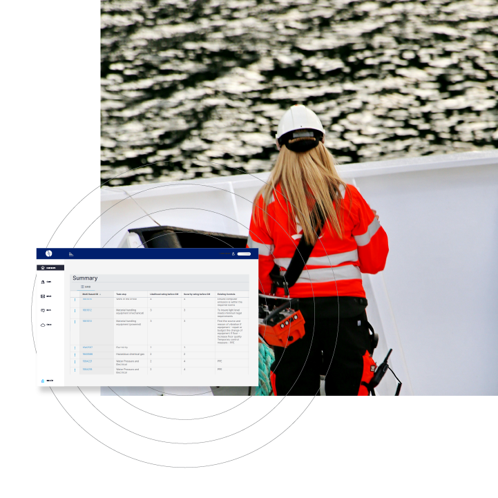 A female worker and a graphic displaying risk assessment software managing the response workflow from alerts to closeout.