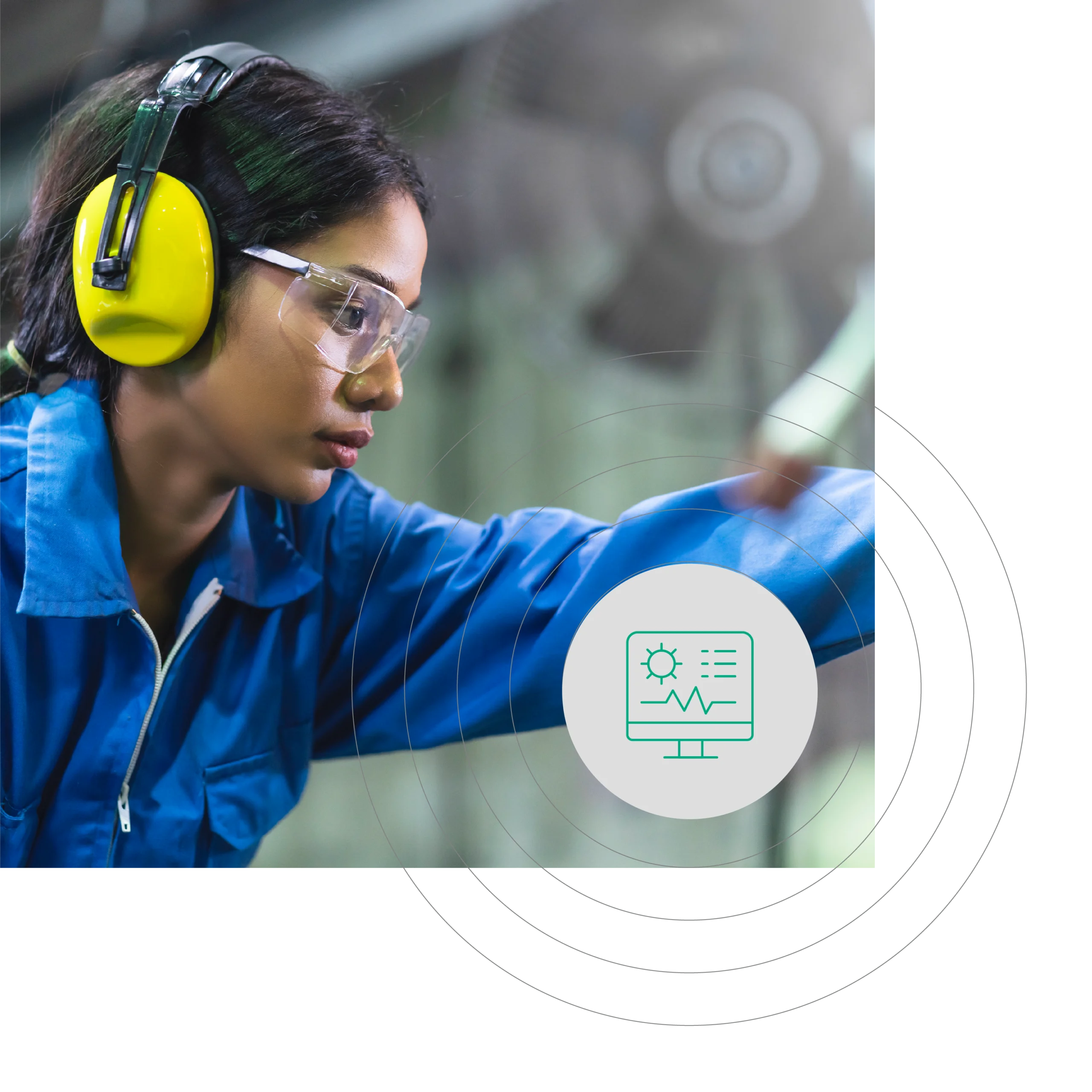 Close-up of a woman in safety glasses and earmuffs, focused on a task in a royal blue uniform. A Safety Management Software icon overlay depicts operational data.