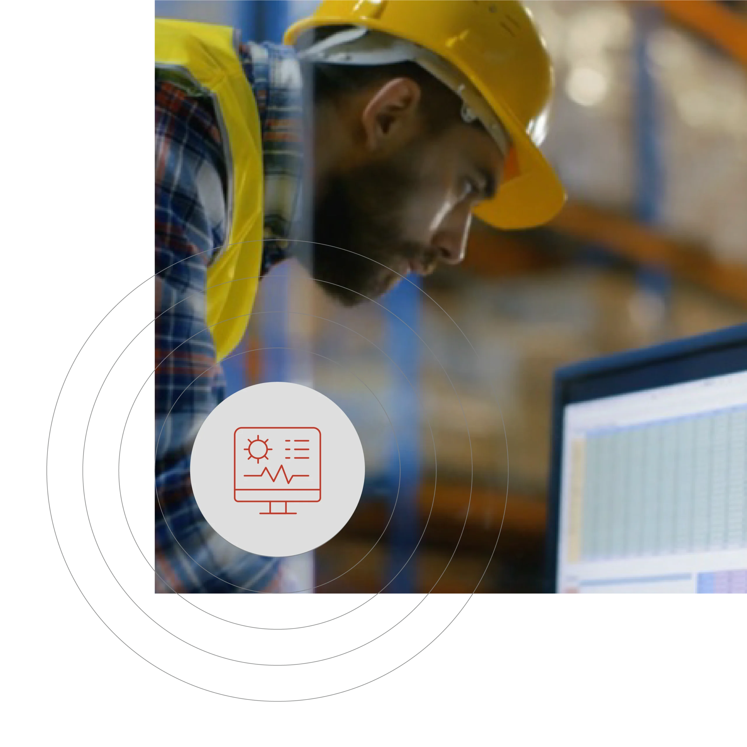 A diagram showing a computer icon and a person wearing a yellow hard hat indoors, viewing at a laptop.