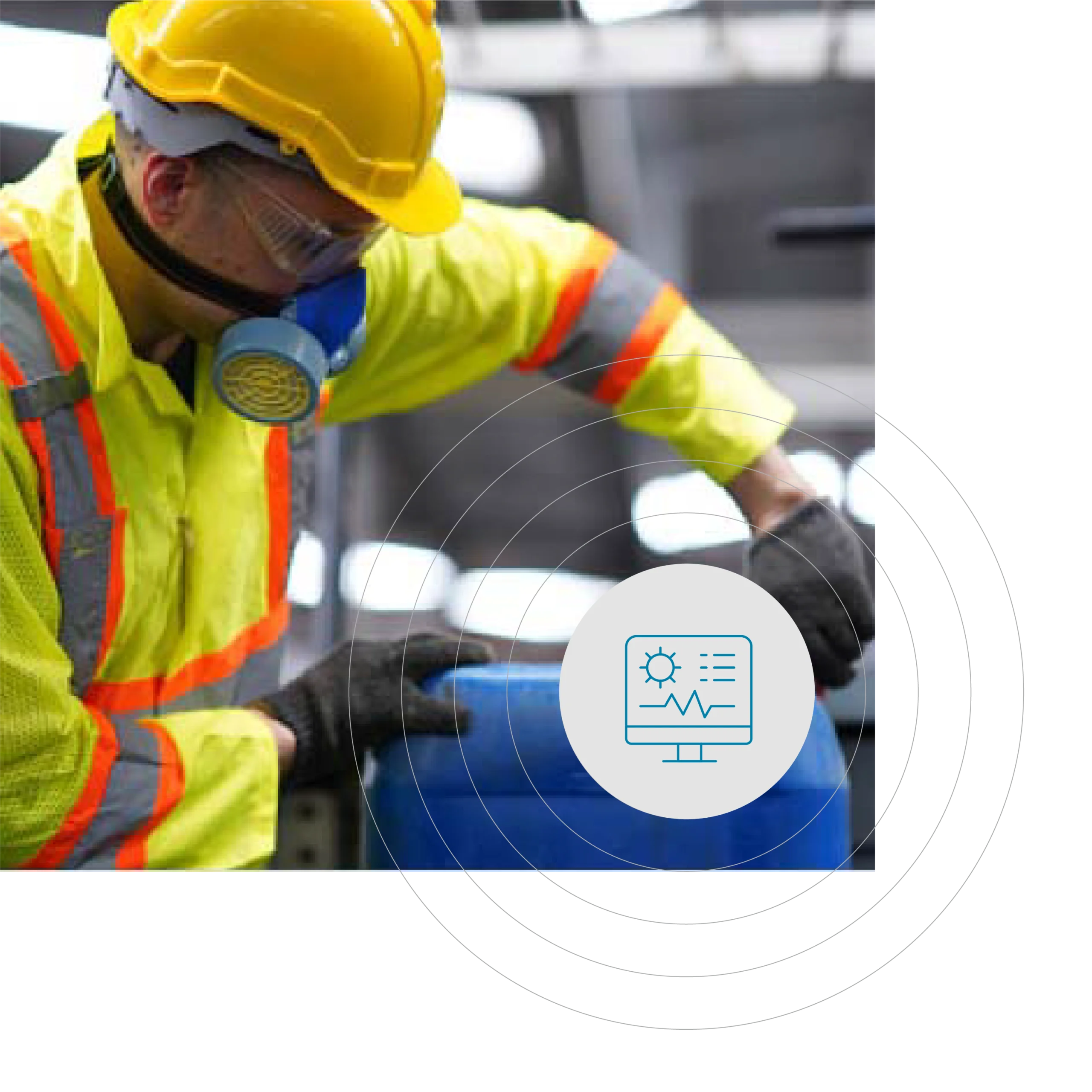 Full indoor shot of a worker in a safety vest, hard hat, and respirator mask, leaning over a blue container. A computer monitor icon overlay indicates environmental monitoring.