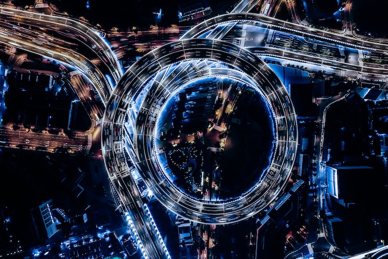 aerial view of traffic circle at night
