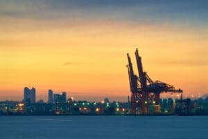 harbor view with shipping yard in foreground