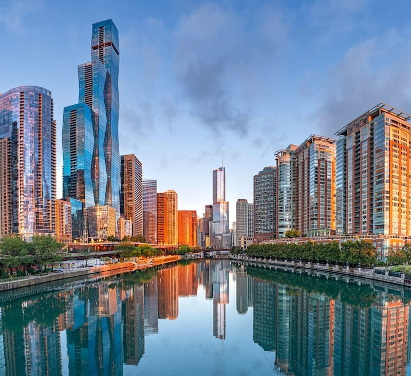 view of skyline near water way