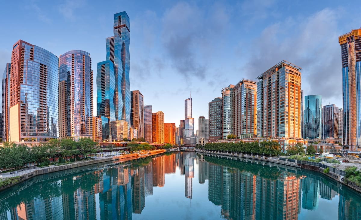 view of skyline near water way