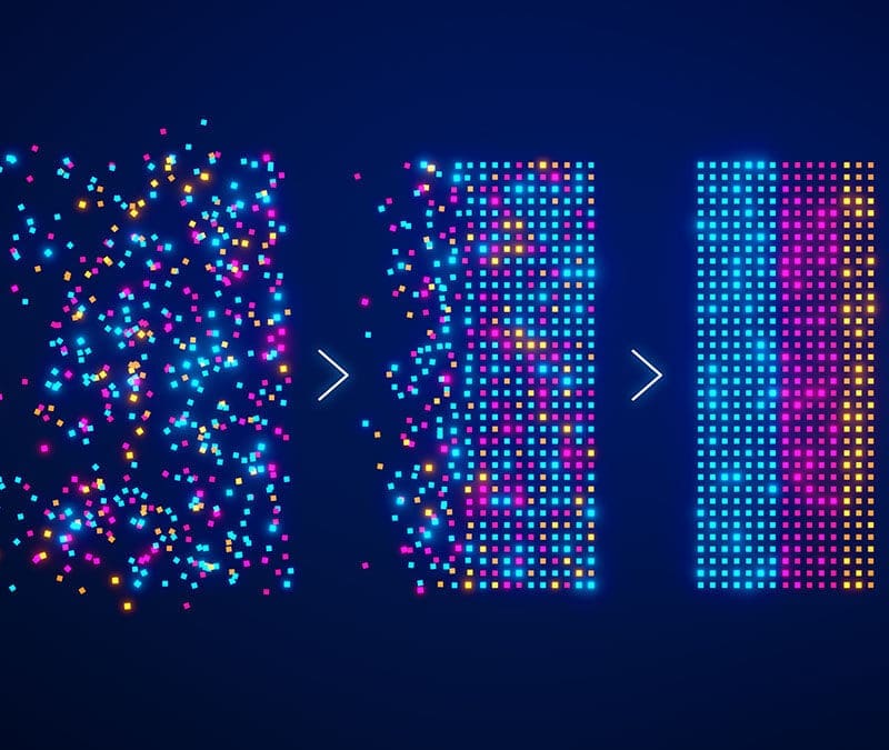 Big data analysed with AI technology for business analytics. Getting insights from data mining, filtering, sorting, clustering. Data science, Artificial Intelligence and visualization, innovation.