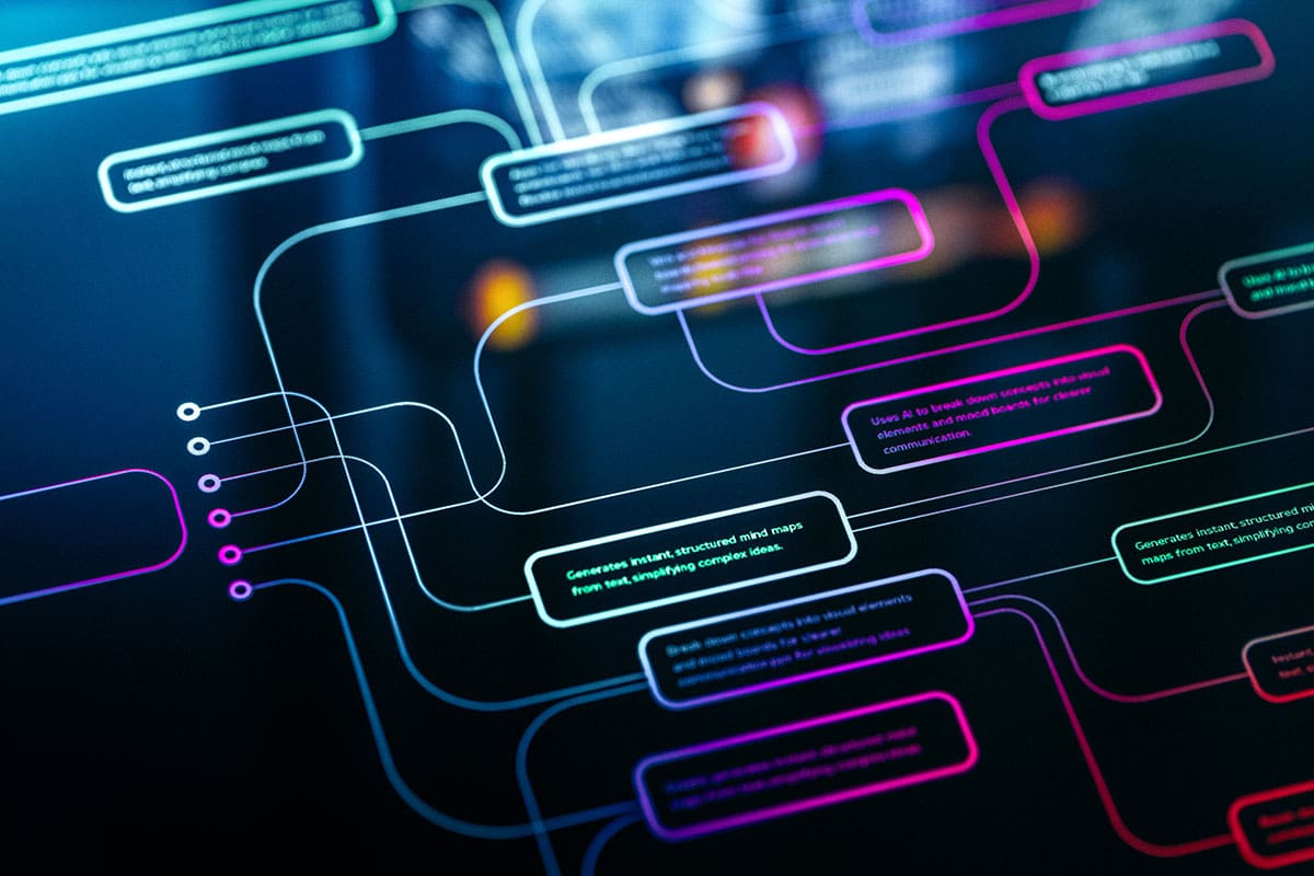 A high-tech abstract scene showing interconnected neon lines and rounded rectangular nodes, conveying data flow, digital mapping, and brainstorming in a modern tech environment.